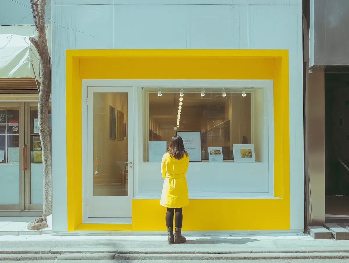 Vitrine com moldura amarela e pessoa de casaco amarelo olhando a vitrine em rua urbana